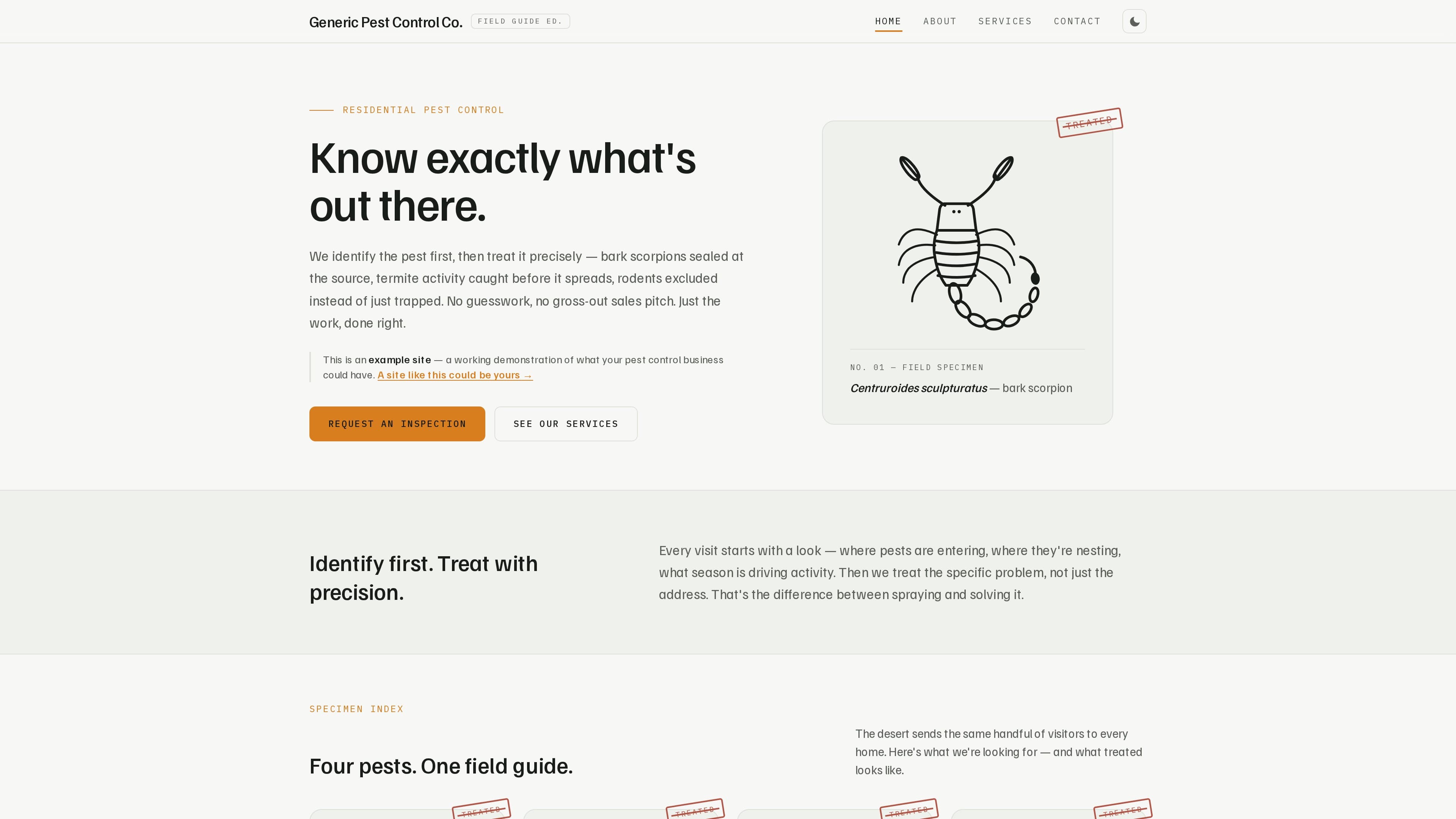 Screenshot of the Pest Control demo site built by Vakter Digital