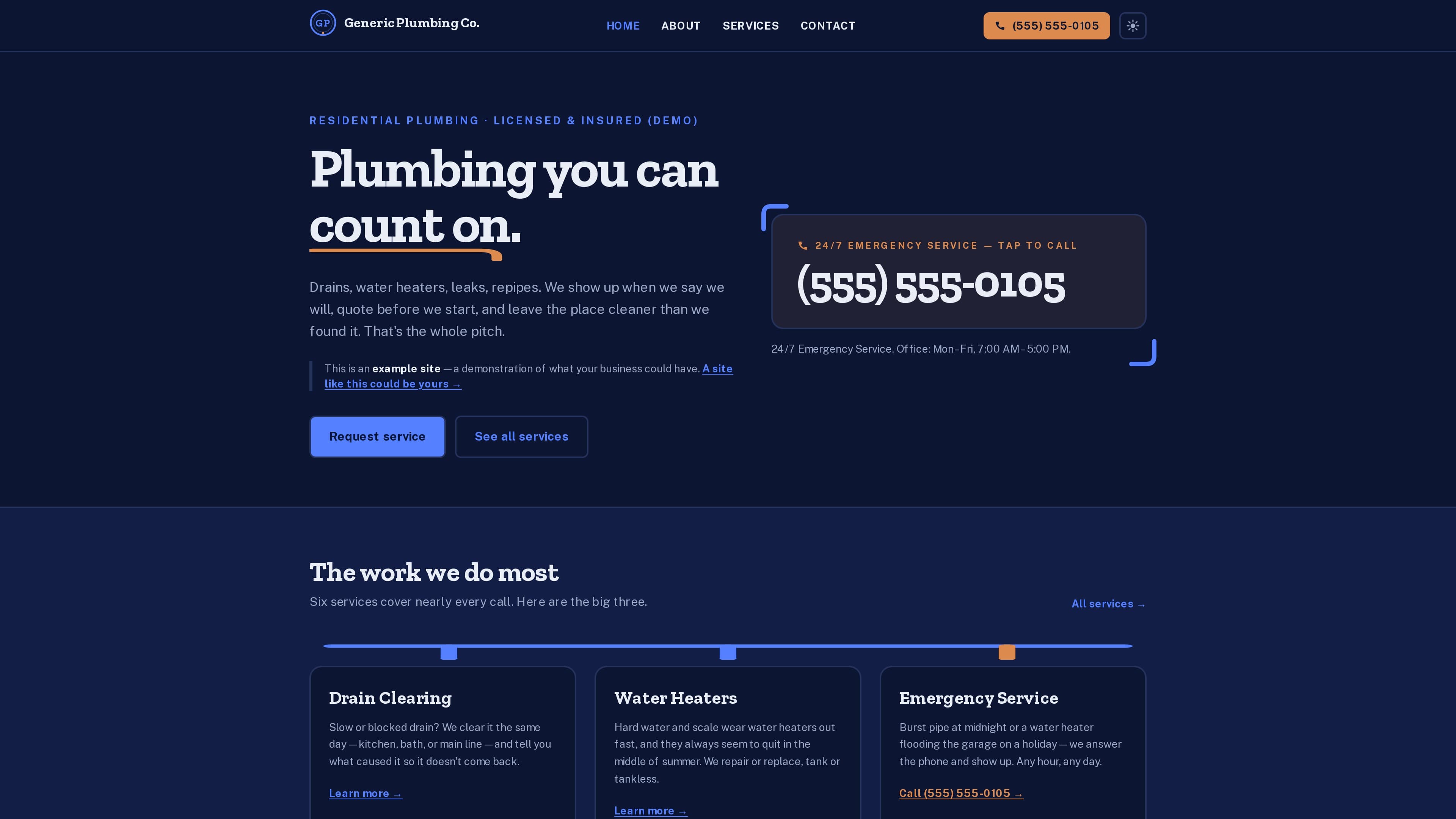 Screenshot of the Plumbing demo site built by Vakter Digital