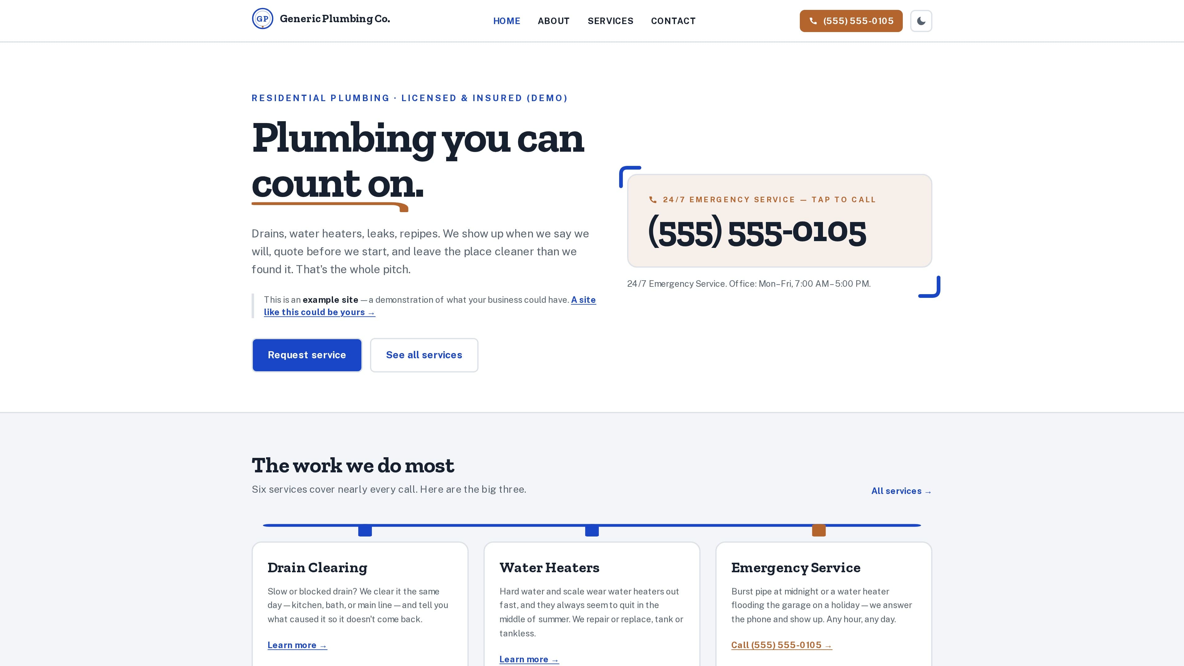Screenshot of the Plumbing demo site built by Vakter Digital