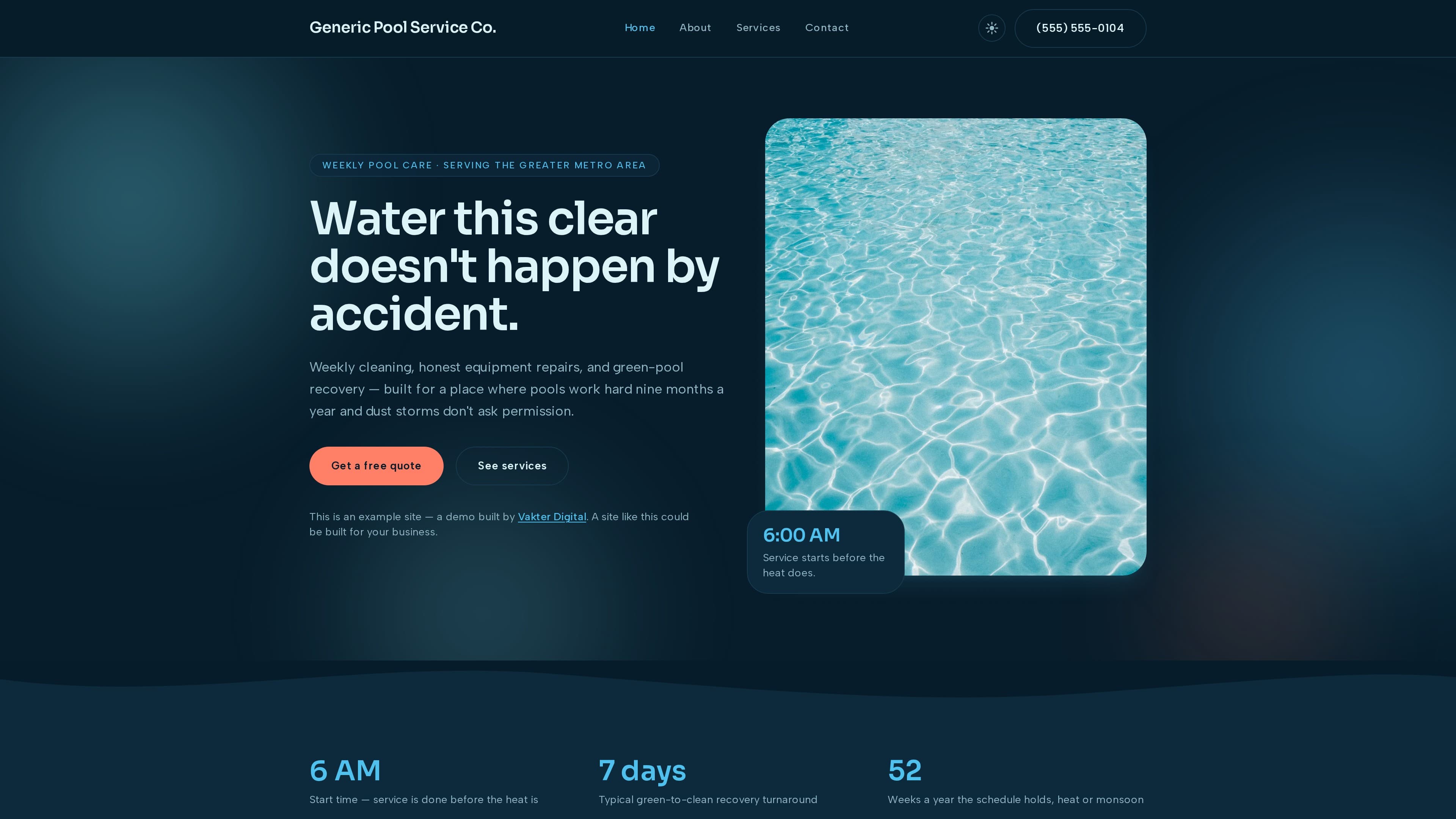 Screenshot of the Pool Service demo site built by Vakter Digital