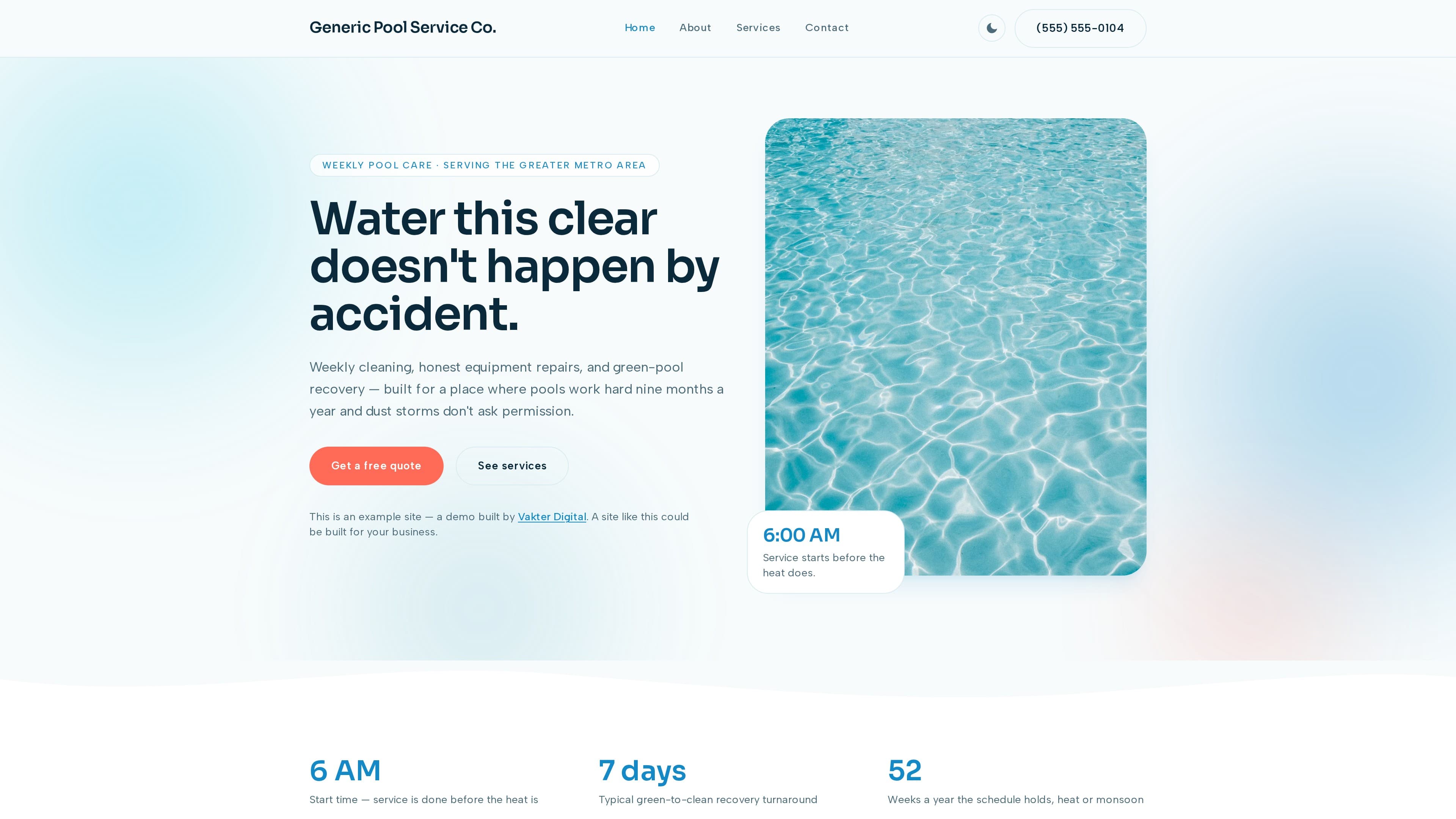 Screenshot of the Pool Service demo site built by Vakter Digital