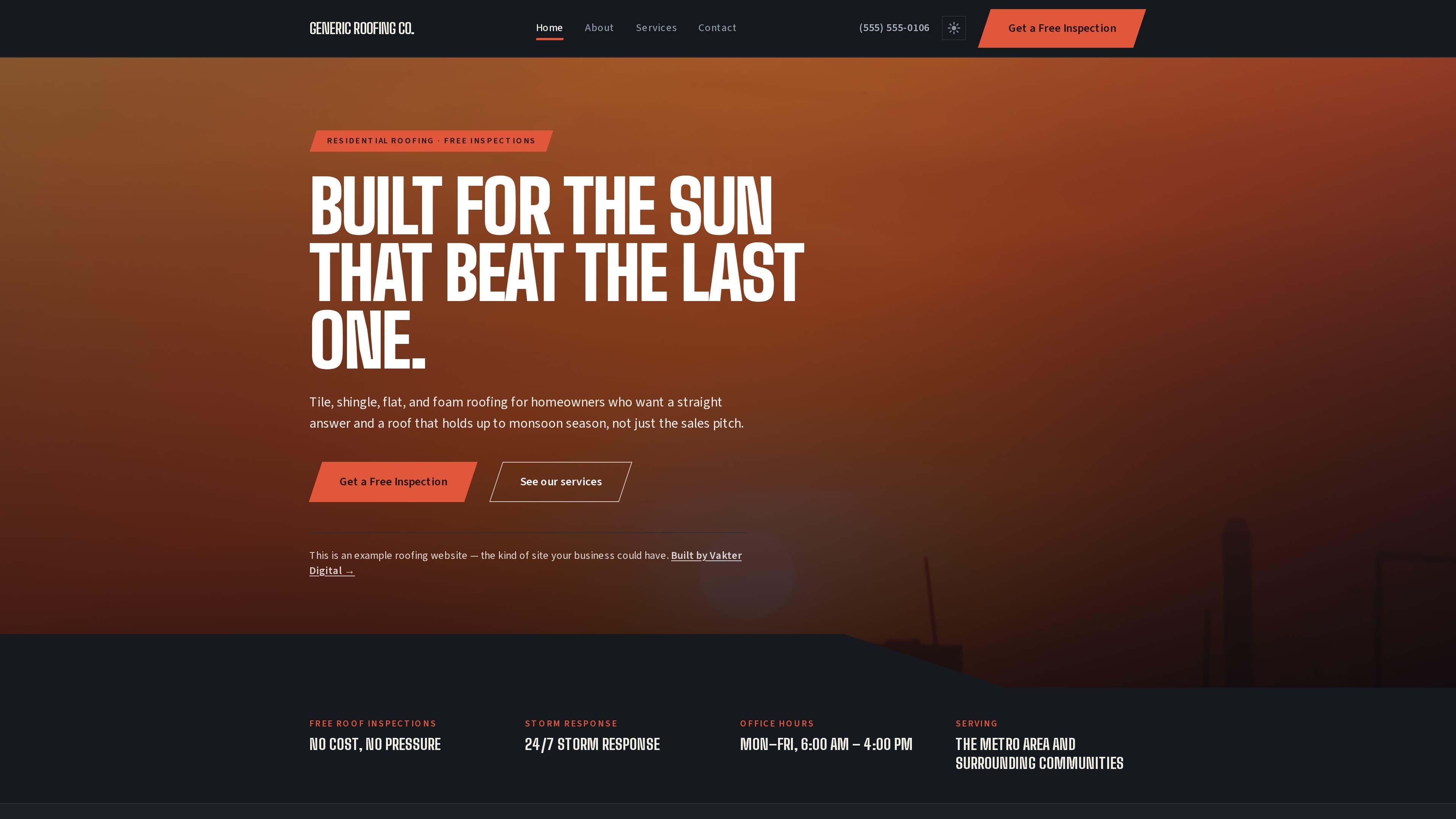 Screenshot of the Roofing demo site built by Vakter Digital