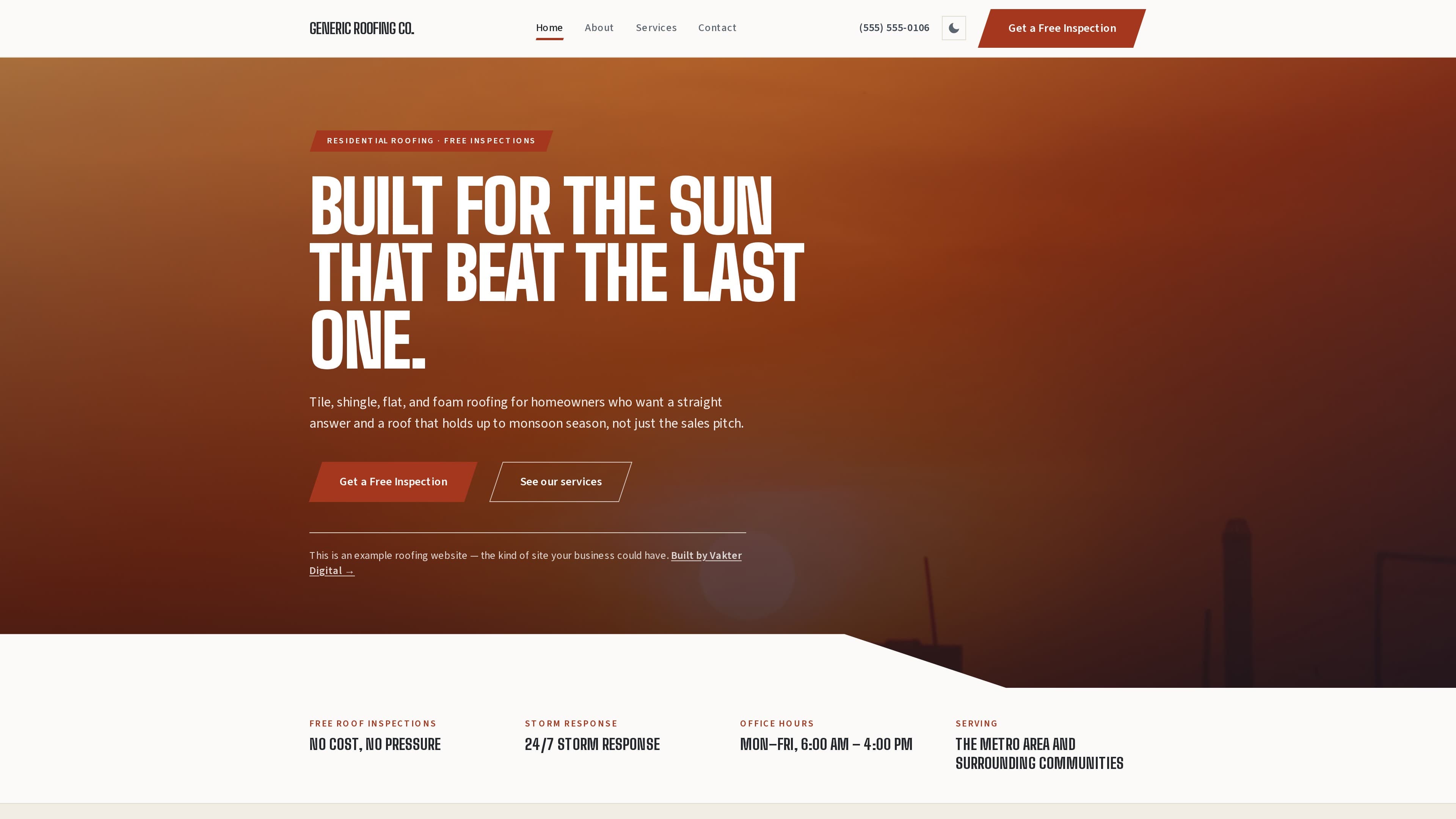 Screenshot of the Roofing demo site built by Vakter Digital